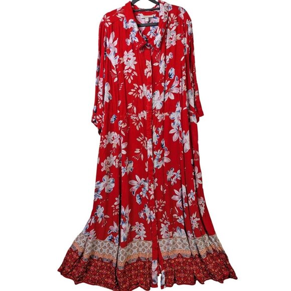 Woman Within Dresses & Skirts - Woman Within Plus Size 34W Roll Tab Sleeve Crinkle Floral Red Shirt Dress Flowy